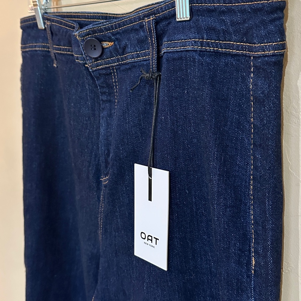 NWT OAT N.Y. Jeans Dark wash blue high rise wide leg raw hem back pockets 16W - Picture 8 of 11